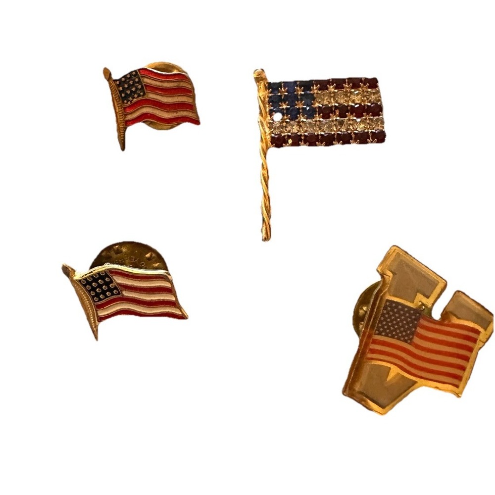 Vintage Lot of 4 American USA Flag Brooch Pin, One Rhinestone Pin